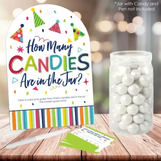 Big Dot of Happiness Cheerful Happy Birthday - How Many Candies Colorful Birthday Party Game - 1 Stand and 40 Cards - Candy Guessing Game image {1}