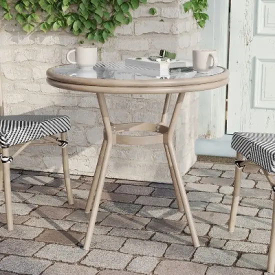 Flash Furniture Marseille Indoor/Outdoor Commercial Bistro 31.5" Table, Textilene, Glass Top, Bamboo Print Aluminum Frame image {1}