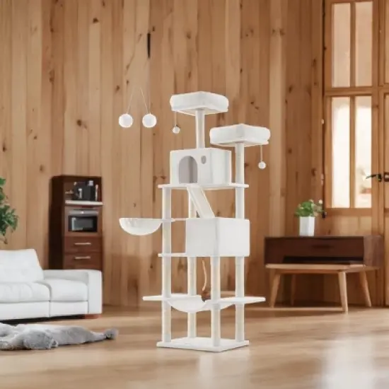 81.1 Inch Large Cat Tree Tower  with 13 Scratching Posts, 2 Perches, 2 Caves, Basket, Hammock, Pompoms - Multi-Level Plush Cat Condo for Indoor Cats image {9}