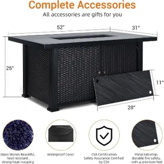 52" Rectangle Propane Fire Pit Table, Steel & Iron Construction, 50,000 BTU, Black image {2}