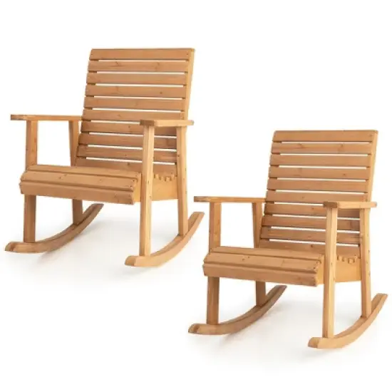 Tangkula 2 PCS Wooden Rocking Chair High Back Fir Wood Armchair Natural Garden Yard Patio image {4}