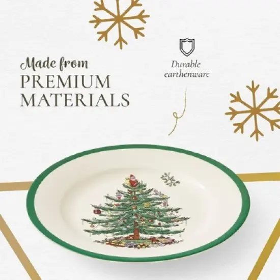 Spode Christmas Tree 8" Salad Plate Set of 4- Stoneware Plate with Christmas Tree Design, Green Bordered Edges, Microwave, Dishwasher & Oven Safe image {3}