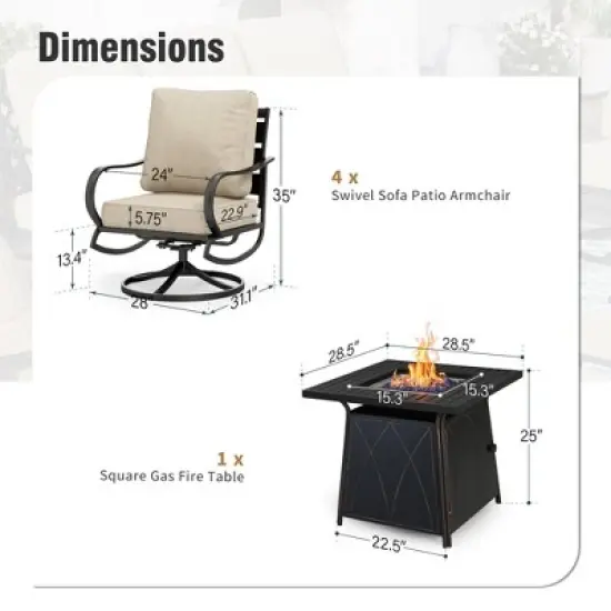 Captiva Designs 5pc Metal Patio seating Furniture Fire Pit Set with Swivel Chairs for Garden Porch Backyard image {1}