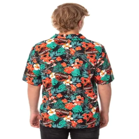Jurassic Park Men's Velociraptor Dinosaur Floral Hawaiian Button Up Shirt image {2}