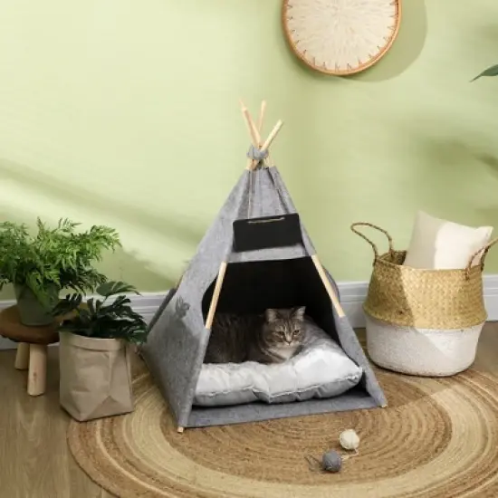 PawHut Pet Tent Cat Cave Small Dog Bed with Thick Cushion, Name Chalkboard for Kitten and Puppy gray image {5}