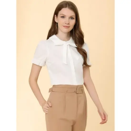 Allegra K Women's Vintage Bow Tie Peter Pan Collar Office Button Up Shirt image {1}