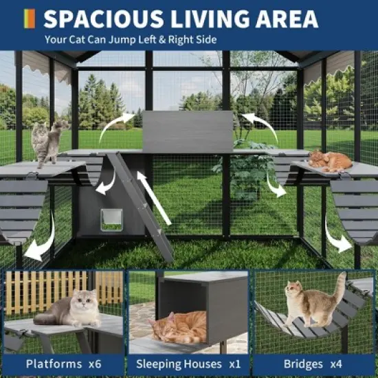 Aluminum Walk-In Large Outdoor Cat Enclosure, Catio for Multiple Cats, Outside Cattery with Weatherproof Roof , Side Door, UV Proof Cover image {2}