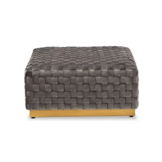 Noah Velvet Fabric Upholstered Square Cocktail Ottoman Gray/Gold - Baxton Studio image {1}