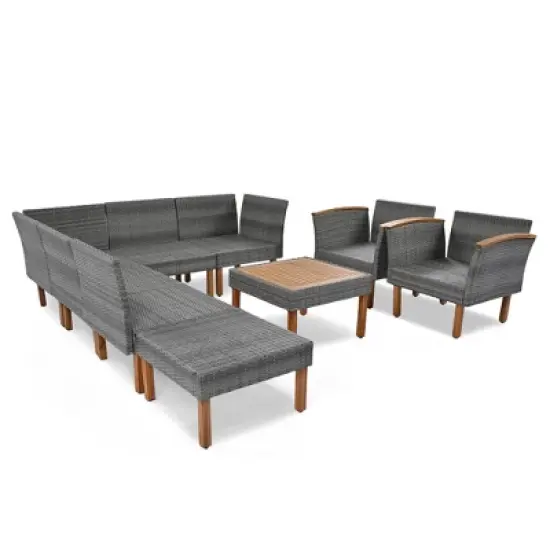 FIONECA 9-Piece Outdoor Patio Rattan Furniture Set with Acacia Wood Legs & Tabletop, PE Rattan Sectional Sofa & Coffee Table, Gray Cushions image {8}