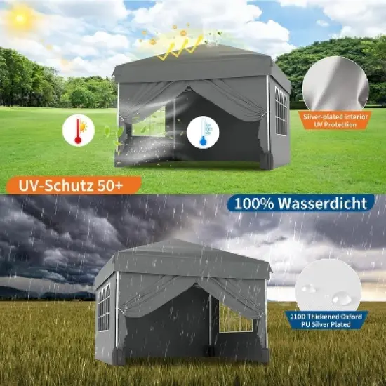 10'x10' Easy Pop Up Tent With 4 Detachable Window - Waterproof Portable Canopy With Carry Bag & Guy Lines for Camping, Outdoor Parties, Grey image {4}