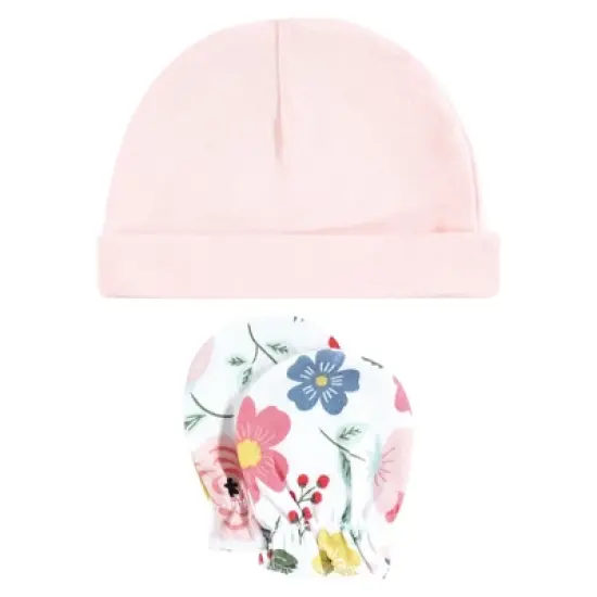 Hudson Baby Infant Girl Cotton Cap and Scratch Mitten Set, Modern Botanical, 0-6 Months image {4}