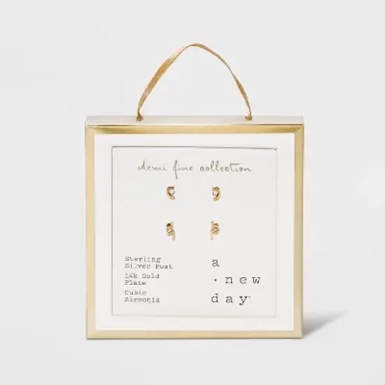 14K Gold Plated Cubic Zirconia Geometric Duo Stud Earrings - A New Day&trade; image {2}