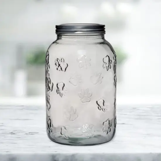 Amici Pet Winston Paw Glass Canister, Dog Pet Food Treats Storage Container, Clear Embossed Body, Airtight Metal Twist-Top Lid, 140 oz. image {1}
