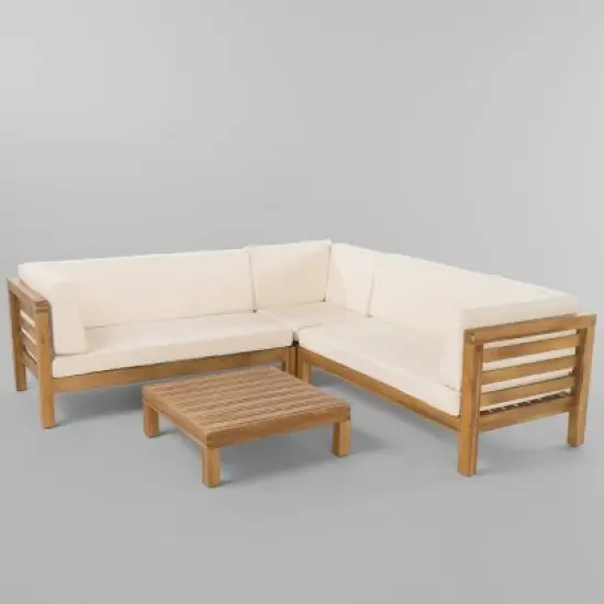 Oana 4pc Acacia Wood Patio Sectional Chat Set w/ Cushions - Christopher Knight Home image {1}