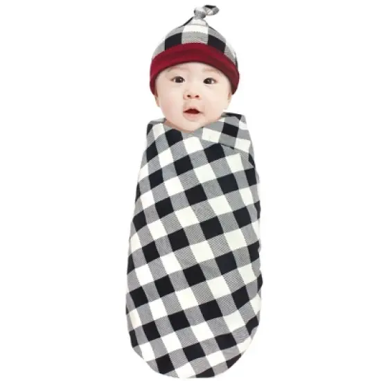 Touched by Nature Baby Boy Organic Cotton Swaddle Blanket and Headband or Cap, Black Plaid, One Size image {2}