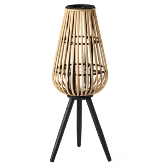 Vintiquewise Indoor and Outdoor Modern Natural Bamboo Decorative Lantern with Black Stand and Glass Candle Holder image {6}