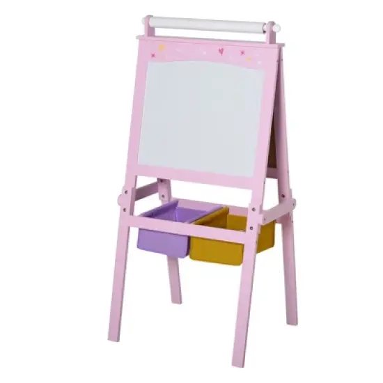 Qaba 3 In 1 Kids Wooden Art Easel with Paper Roll Double-Sided Chalkboard & Whiteboard with Storage Baskets Gift for Toddler Girl Age 3 Years+ Pink image {3}