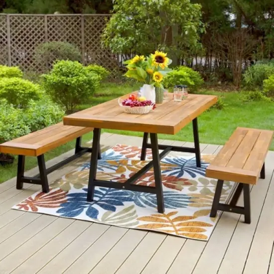 3pc Acacia Patio Dining Set with 2 Benches - Teak - Captiva Designs image {1}