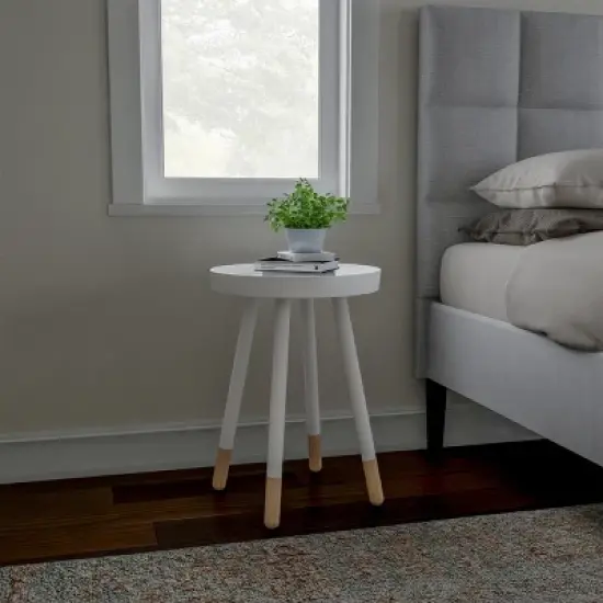 Hastings Home Mid-Century Modern Round Wooden End Table With Tray Top - White/Natural image {5}