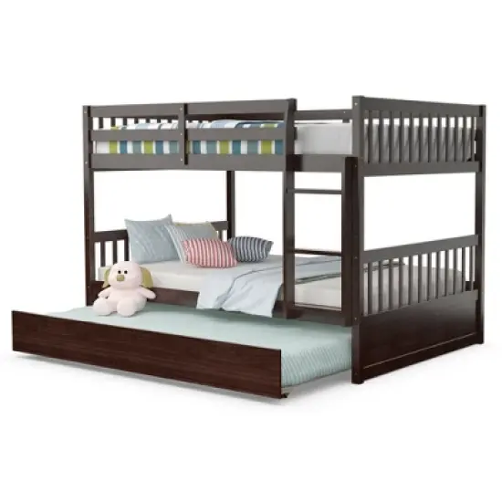 Costway Full over Full Bunk Bed Platform Wood Bed w/ Trundle & Ladder Rail Brown/White image {11}