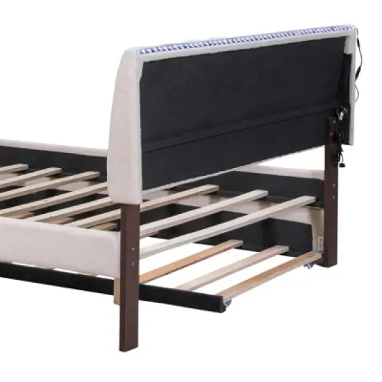 Queen/Full/Twin Size Teddy Fleece Upholstered Platform Bed with Trundle Bed and LED Lights-ModernLuxe image {10}