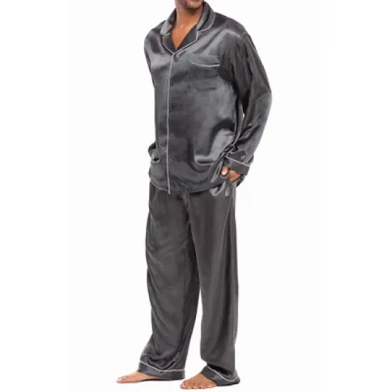 Men's Classic Satin Pajamas Lounge Set, Long Sleeve Top and Pants with Pockets, Silk like PJs with Matching Sleep Mask image {8}