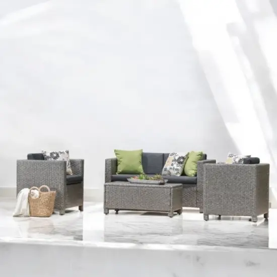 4-Piece Outdoor Sofa Set with Cushions, PE Wicker Rattan Seating Group with Loveseat, Club Chairs, and Coffee Table for Backyard, Patio, or Garden image {15}