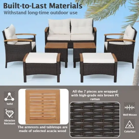 Costway 7PCS Patio Rattan Furniture Set Cushion Armrest Loveseat Ottoman Table image {7}
