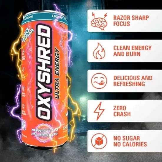 EHPlabs OxyShred Energy Drink - Zero Sugar, Zero Calories, with Amino Acids, Vitamin C, Green Tea Extract & Clean Caffeine - Proton Plasma (12-Pack) image {1}