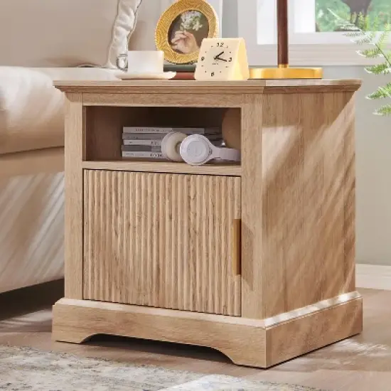 Nightstand with Charging Station, 22" Large Modern Side Table, Wood End Table w/Open Shelf & Spacious Tabletop image {4}