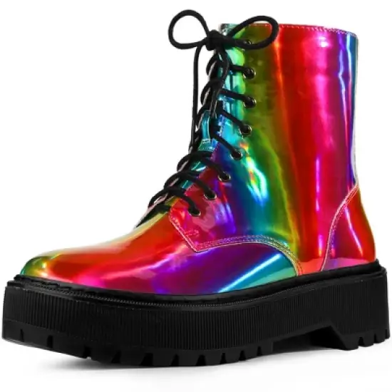 Allegra K Women's Round Toe Platform Lace Up Colorful Combat Ankle Boots image {11}