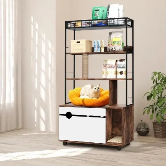 Cat Litter Box Enclosure with 4-Tier Storage Rack, Hidden Litter Box Furniture with Scratching Post, Indoor Cat House Furniture with Cushioned Mat image {1}