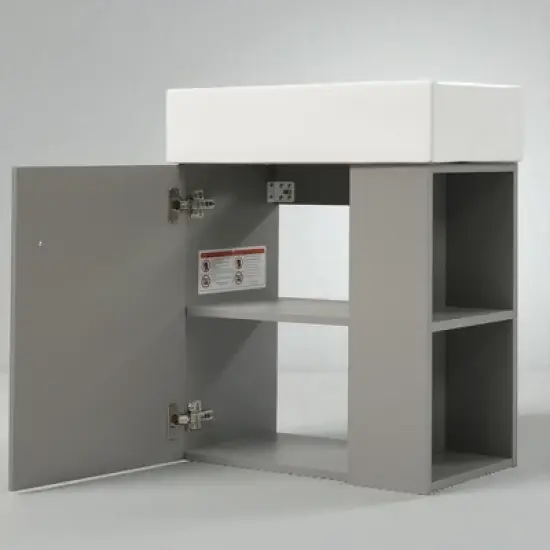 21.6" Floating Bathroom Vanity with Right Side Open Shelves, Wall-Mounted Cabinet with Ceramic Sink, Soft-Close Door image {7}