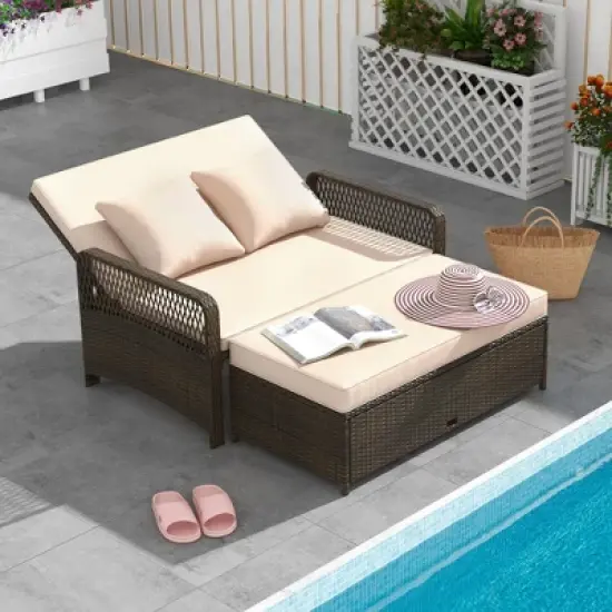 Tangkula Patio Rattan Daybed Wicker Loveseat Sofa w/ Multifunctional Ottoman image {1}