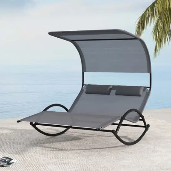 Costway Outdoor Dual Rocker Sunbed 2-Person Canopied Lounger with 2 Detachable Headrests image {7}