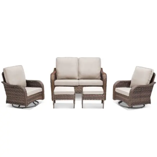 Buenhomino 5 Piece Patio Furniture Set, Wicker Patio Conversation Sets with Swivel Chairs, Outdoor Loveseat Sofa Sets with 2 Ottomans for Backyard image {1}