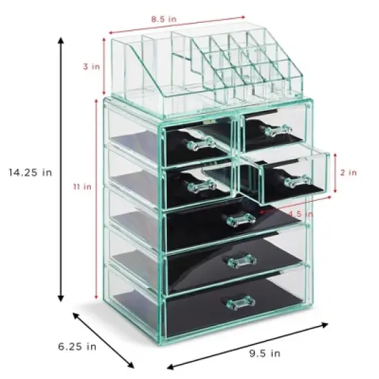 Sorbus Medium Makeup Organizer Set - (3 Large / 4 Small Drawers/Top Tray) Teal image {3}