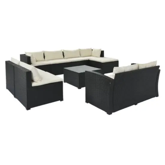 9pc Wicker Patio Sectional Seating Set with Cushions - Black/Beige - GODEER image {10}