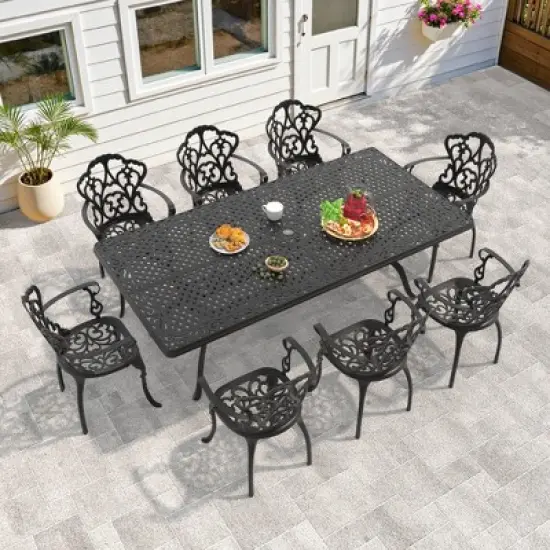 (9-PC)Premium Black Cast Aluminum Patio Set - Weather-Resistant Outdoor Table & Chairs with Beige Cushions image {1}