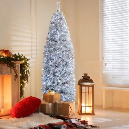 Costway 7 FT Pre-Lit Christmas Tree Hinged Slim Pencil w/ 350 LED Lights 670 Branch Tips image {1}
