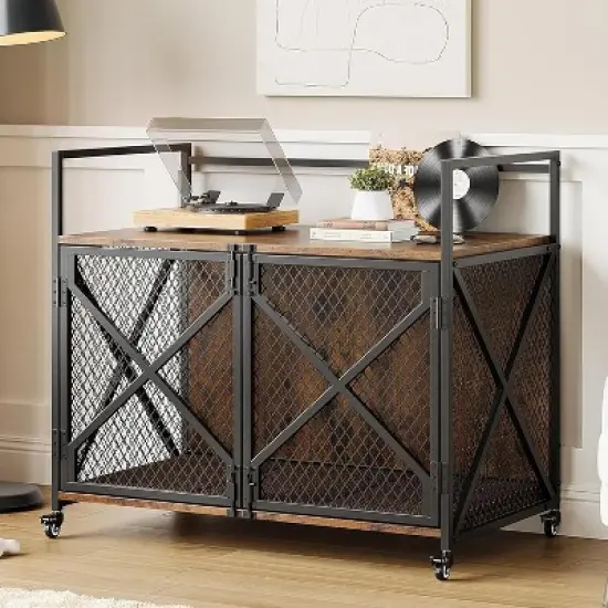 31"/41" Large Dog Crate Furniture, Indoor Wooden Dog Kennel with Wheels & Built-in Cushion, Stylish Dog House for Medium Large Dogs image {2}