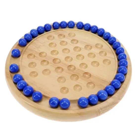 WE Games Solid Wood Solitaire with Blue Glass Marbles - 9 in. Diameter image {1}