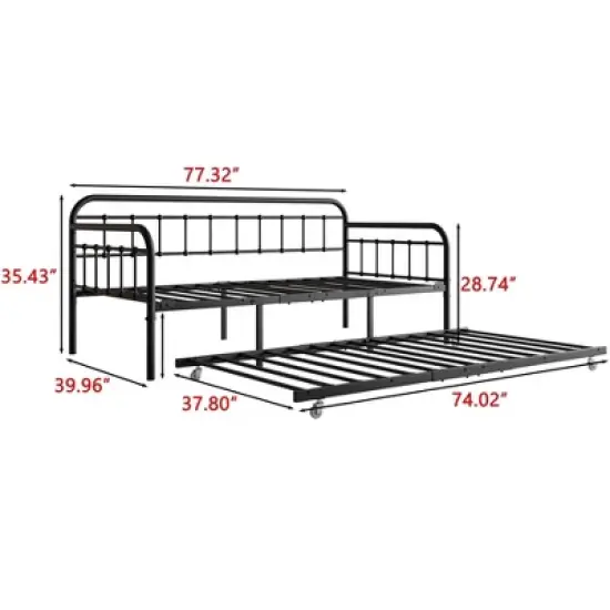 Twin Size Metal Daybed Frame with Trundle, Heavy Duty Steel Slat Support Sofa Bed Platform with Headboard, No Box Spring Needed, Black image {9}