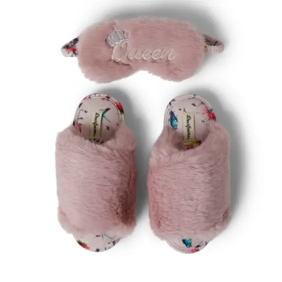 Dearfoams Women's Louise Furry Cross Band Slide Slippers Set with Sleep Eye Mask image {6}