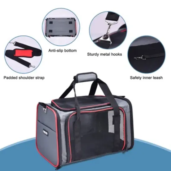 GOOPAWS Soft-Sided Travel Small Dog & Cat Carrier Bag, Gray/Red image {2}