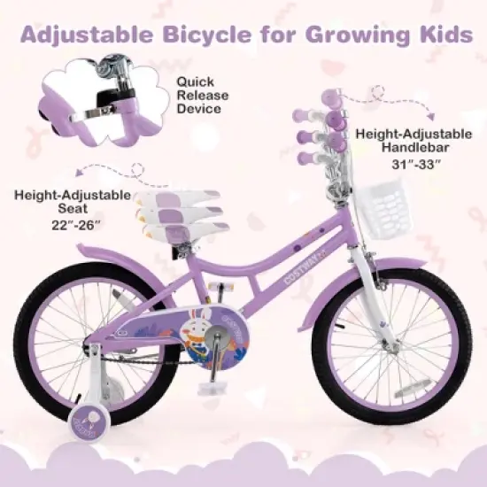 Costway Girl Bike with Basket Detachable Training Wheels Adjustable Seat Handbrake Coaster Brake Purple image {5}