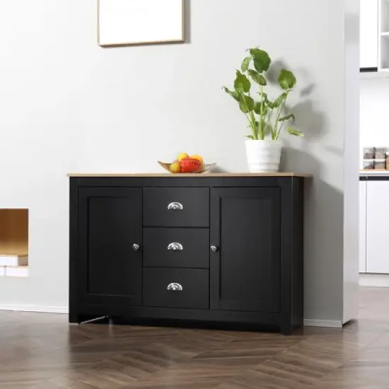HOMCOM Kitchen Sideboard with Adjustable Shelves, Dining Buffet Cabinet with 3 Storage Drawers, Black image {2}