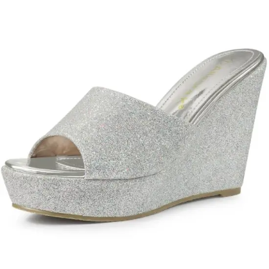 Allegra K Women's Glitter Platform Slip-on Wedge Heels Sandals image {7}