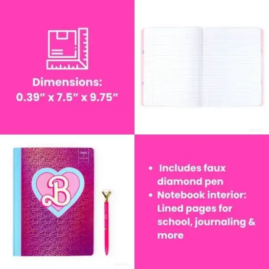 Yoobi Composition Book 7.5"x9.75" Wide Ruled with Pen Barbie Logo, School Supplies image {2}