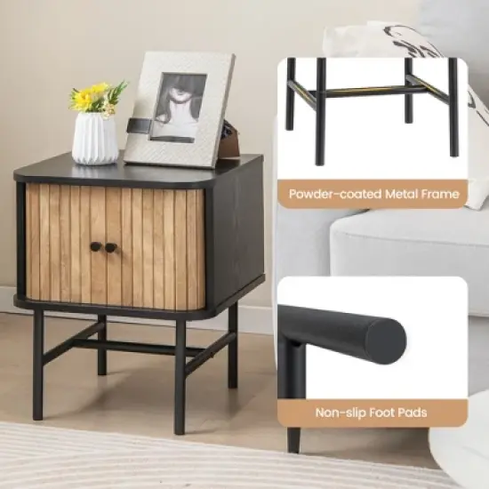 Costway Sliding Door Nightstand Mid-century Modern Storage End Table with Cabinet Black/Distressed White image {8}